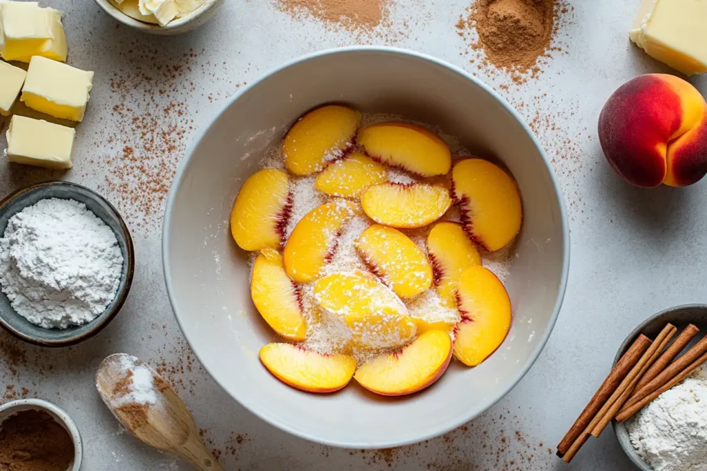 Freshly sliced peaches in a bowl with baking ingredients.