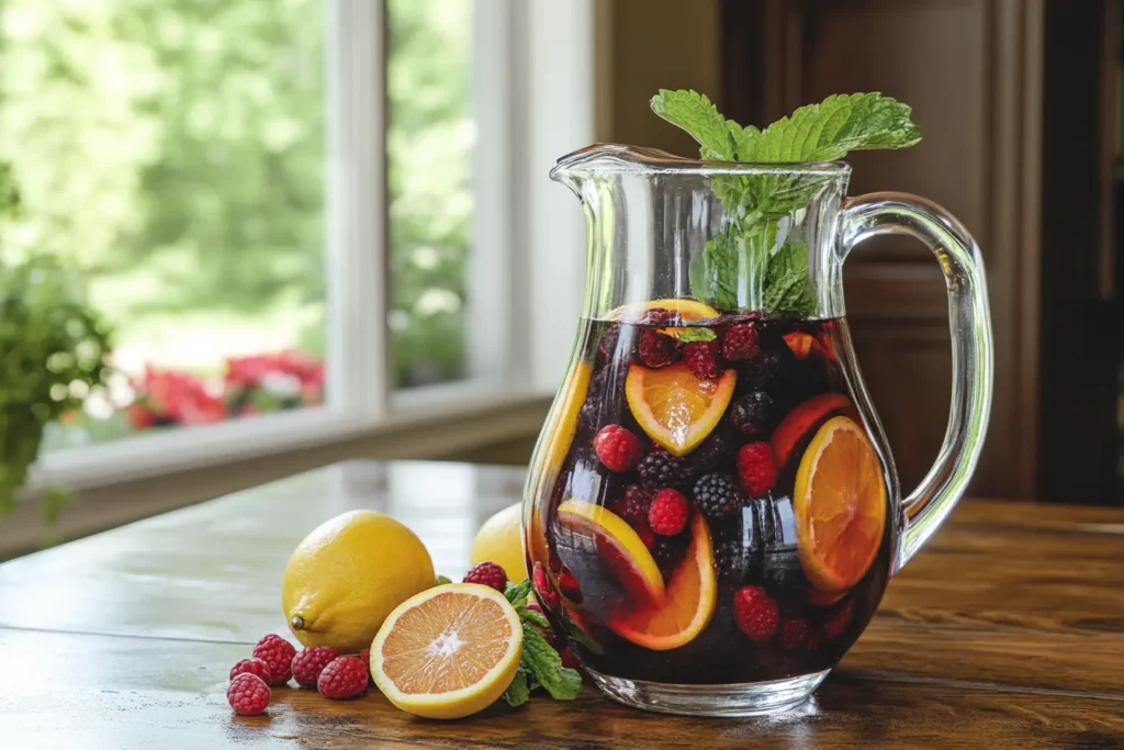 A colorful pitcher of Mangria with fruits and mint.
