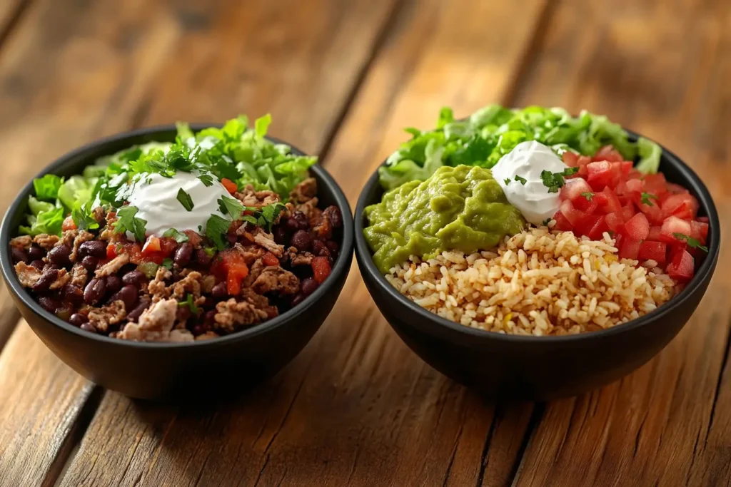 Burrito bowl and taco bowl side by side showcasing differences.