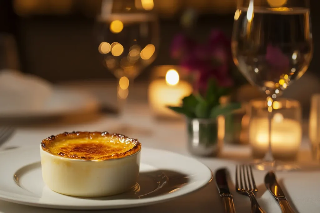Close-up of crème brûlée with caramelized sugar crust.