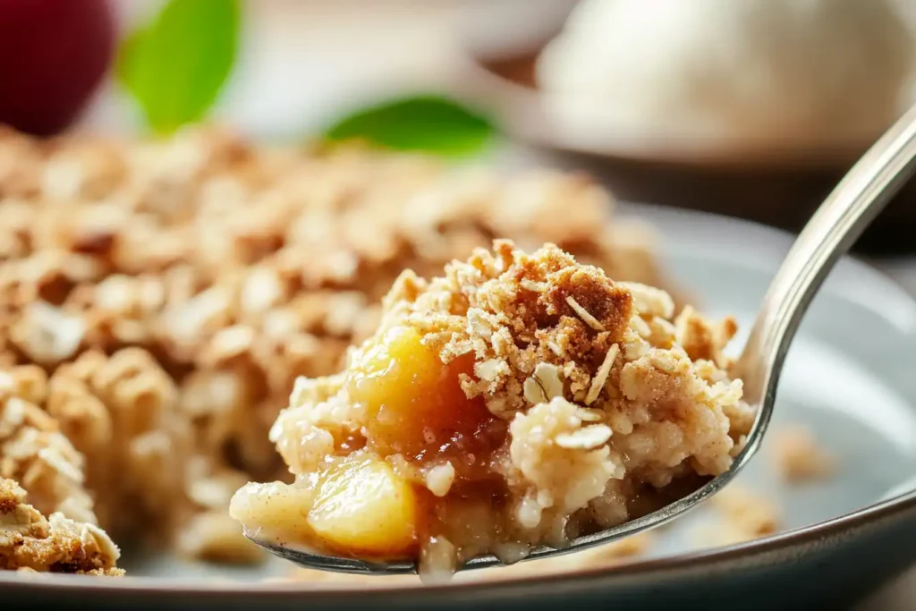 Spoonful of peach crisp with a crunchy oat topping.