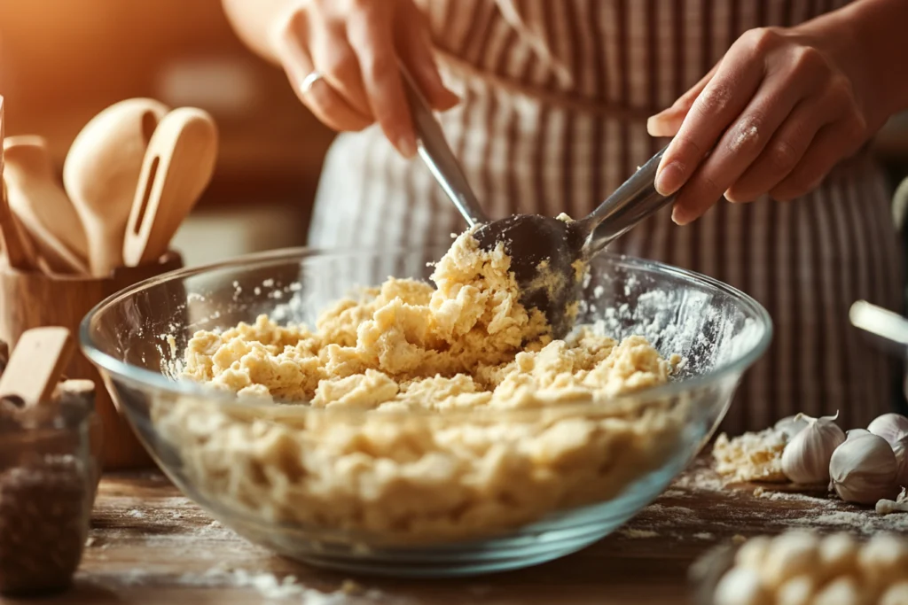 Hands mixing biscuit dumpling dough in a glass bowl.