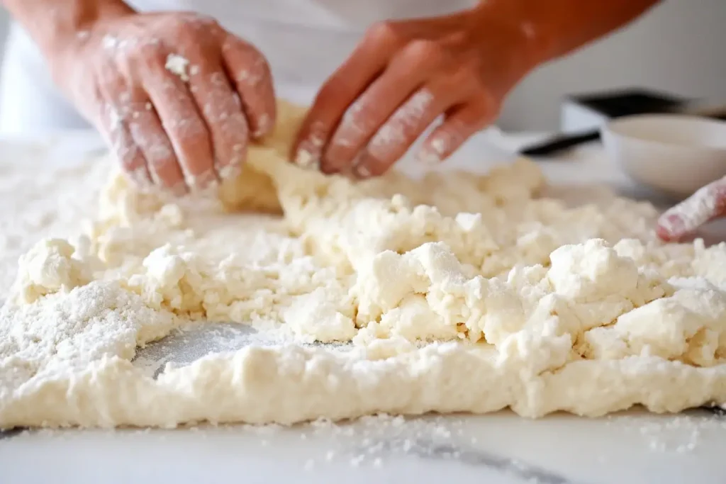 Hands shaping Gipfeli dough into crescents on a floured surface.