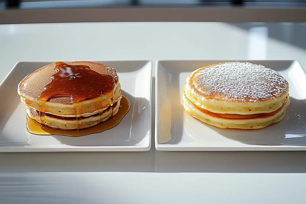 Comparison of hotcakes and pancakes showing differences in texture.