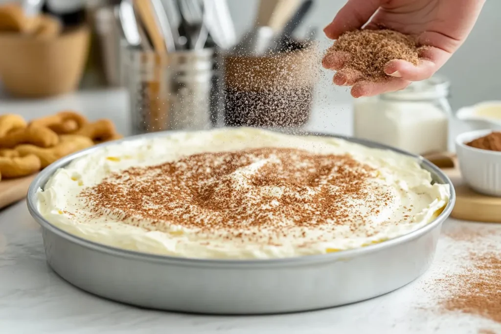 Sprinkling cinnamon sugar over cheesecake filling in a baking pan.