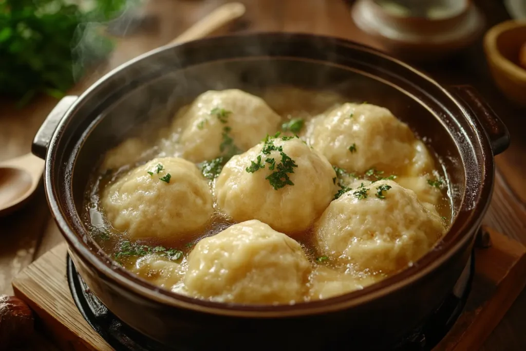 Fluffy Bisquick dumplings in a steaming pot of chicken stew
