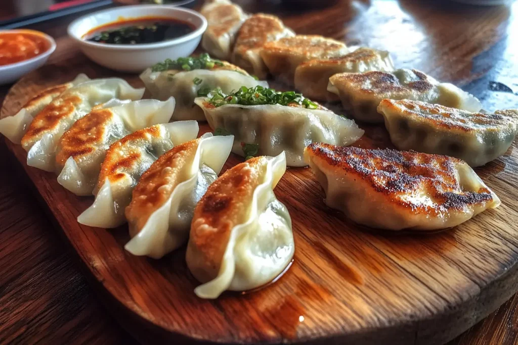 Close-up of assorted dumplings cooked in different methods on a wooden table.