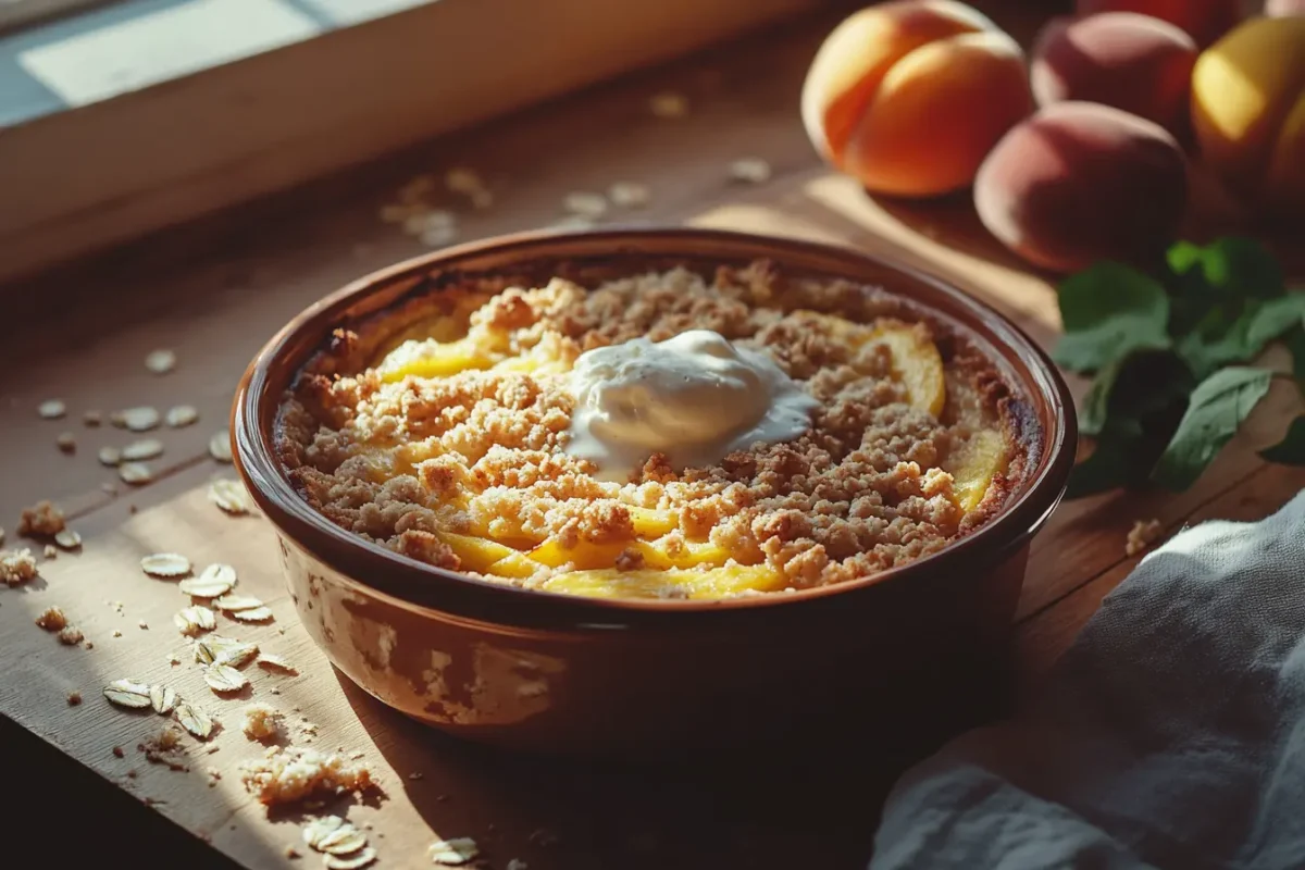 Warm peach crumble with ice cream and fresh peaches.