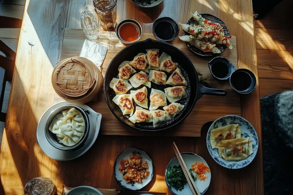 Flat-lay of regional dumpling styles from China, Japan, and Poland.