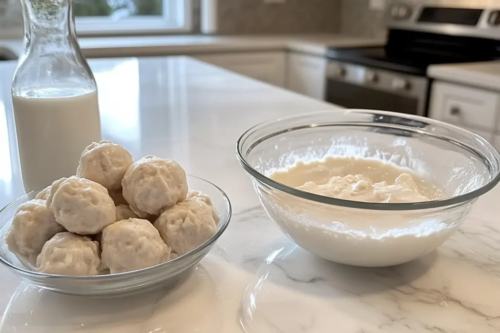 Ingredients and batter preparation for Bisquick dumplings