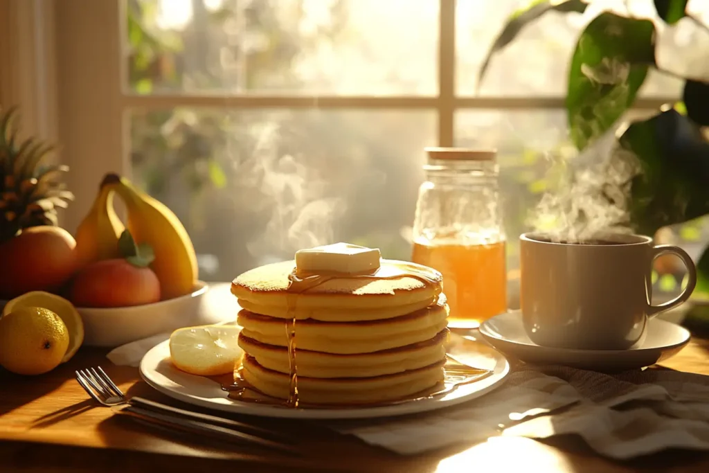 A stack of fluffy hotcakes with syrup and butter on a breakfast table.