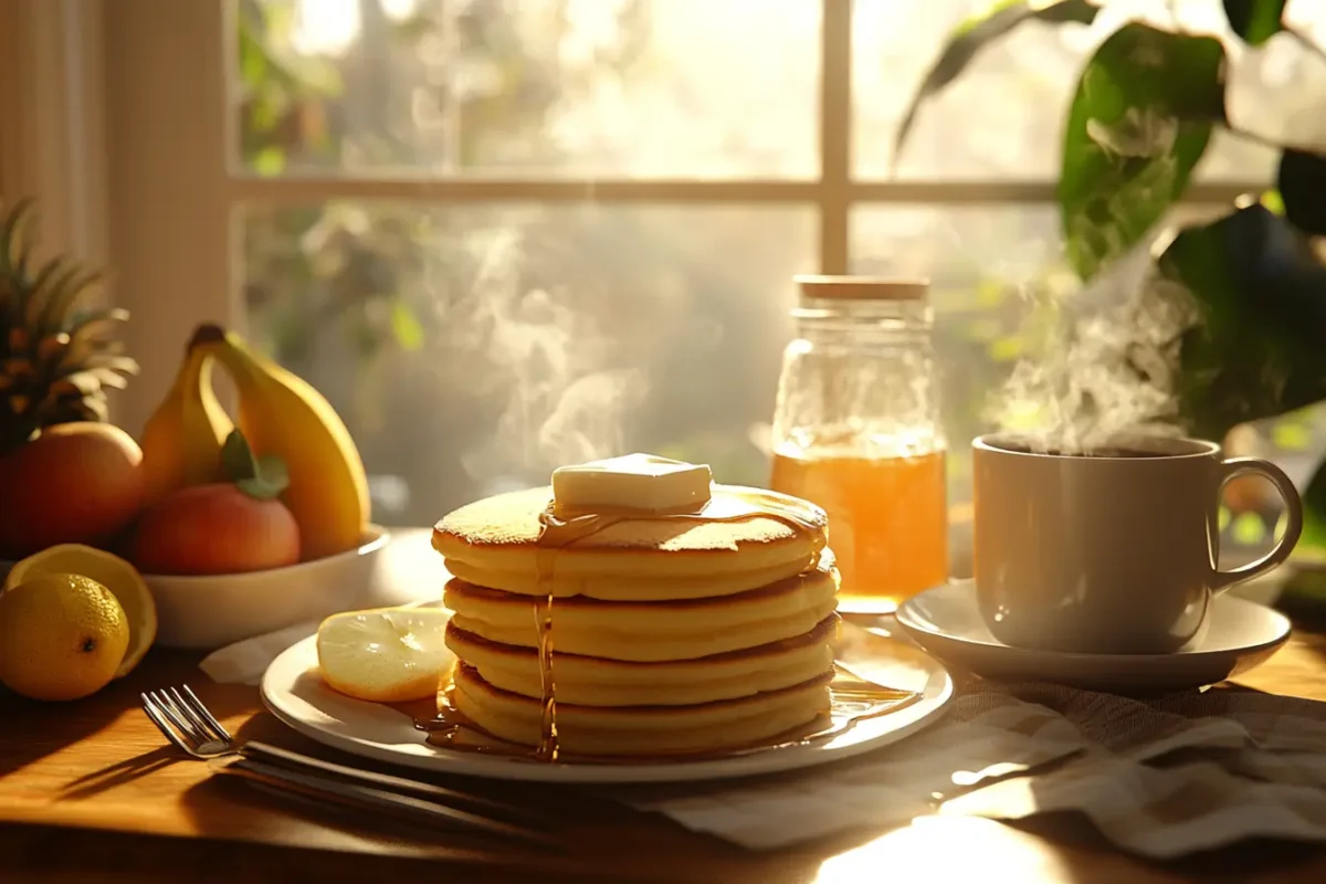 A stack of fluffy hotcakes with syrup and butter on a breakfast table.