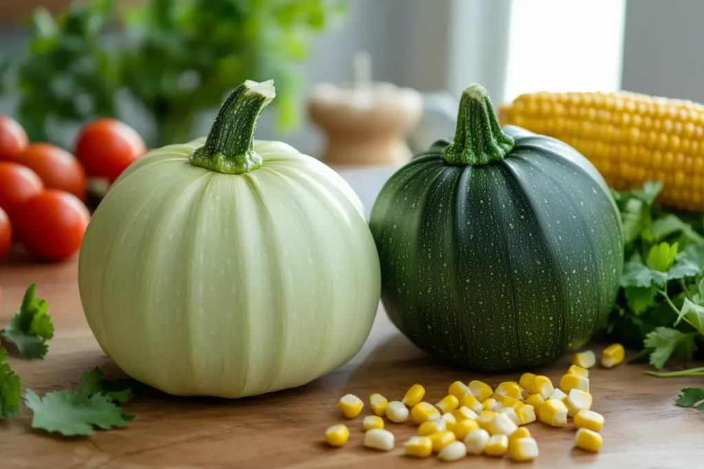 Calabacita and zucchini side by side on a wooden table.